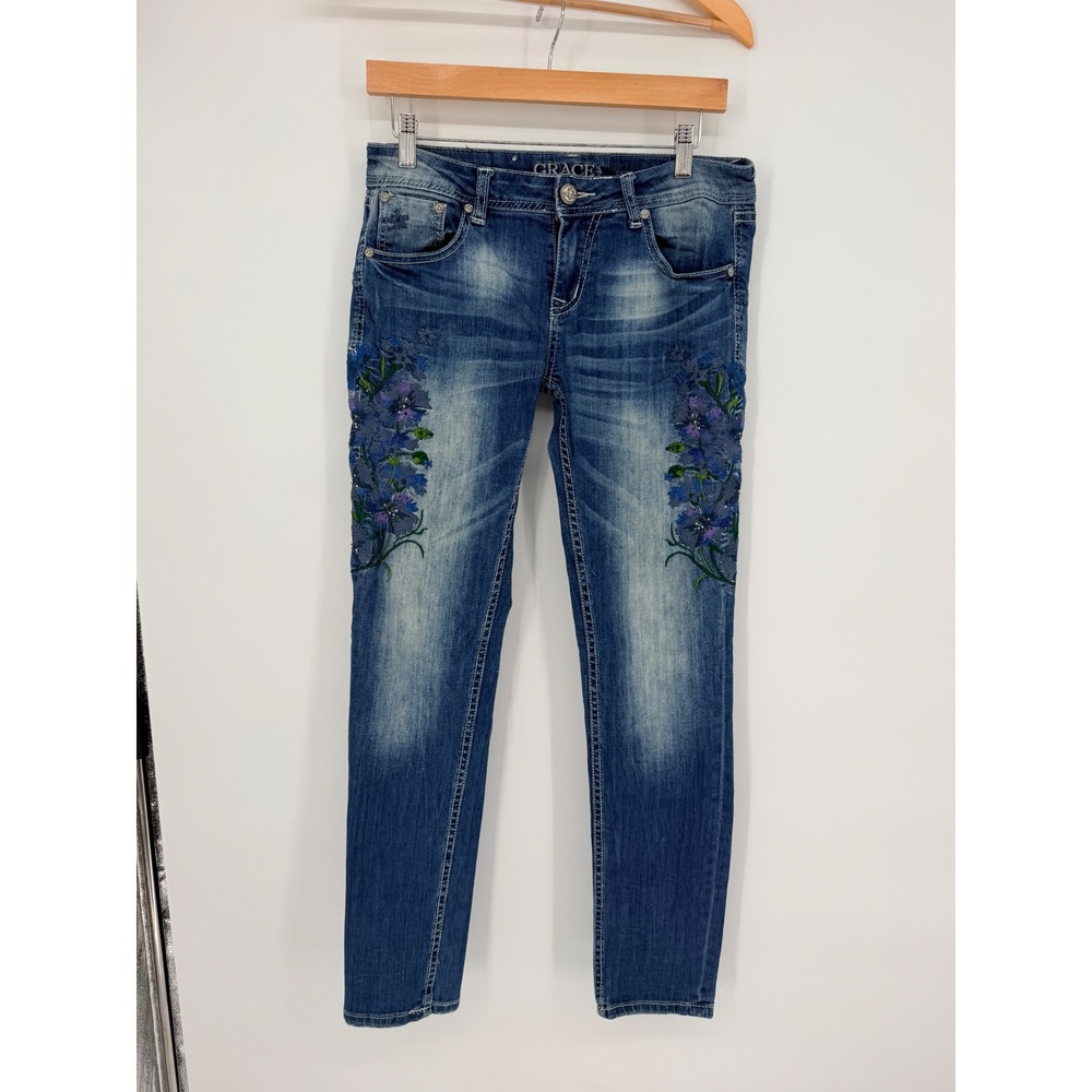 Grace in LA Skinny Jeans 29 Blue Floral Embroidered Boho Whimsical Aesthetic